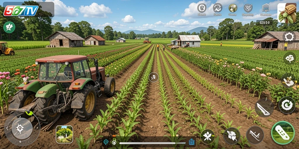 Tampilan gameplay 567TV yang menampilkan kebun yang subur dan aktivitas bertani.