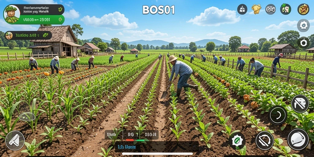 Tampilan gameplay <strong>BOS01</strong> yang seru dengan ladang hijau dan aktivitas bertani.