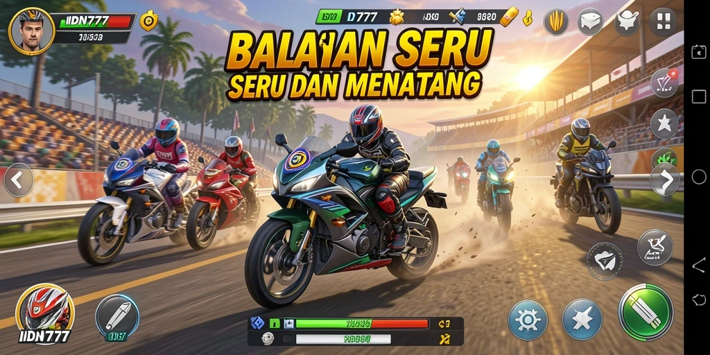 Gameplay seru IDN777 menampilkan kecepatan tinggi di lintasan balap motor.