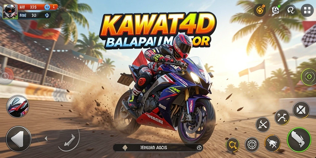 Tampilan gameplay KAWAT4D dengan motor balap di jalur menantang.