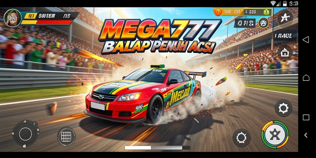 Gameplay balap MEGA777 yang mendebarkan dan kompetitif.