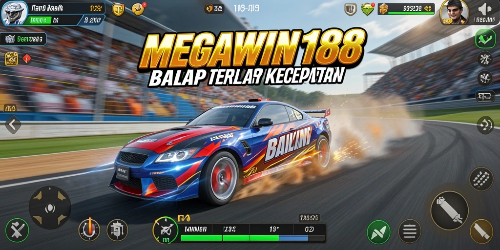 Tangkapan layar utama MEGAWIN188 menampilkan aksi balap yang seru dan intens.