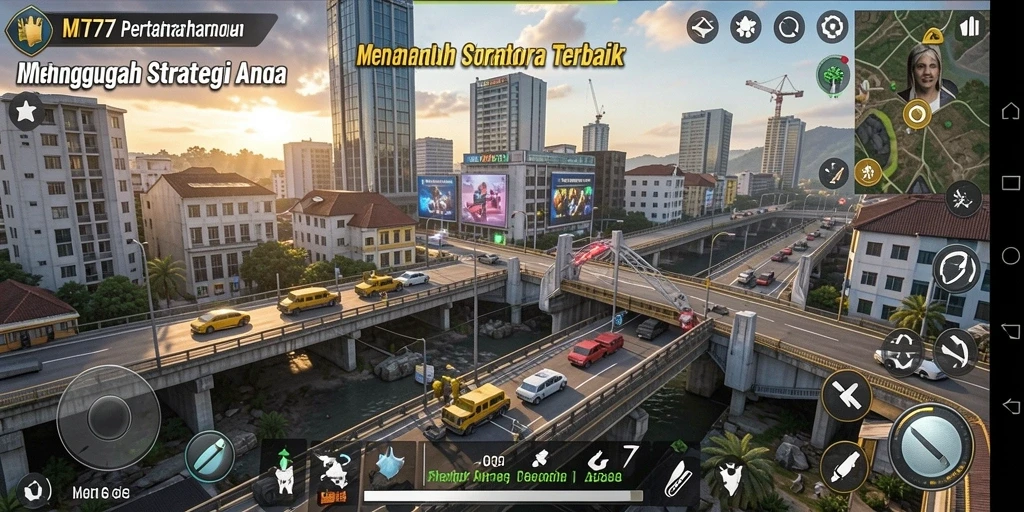 Tangkapan layar gameplay MT777 memperlihatkan menara dan karakter musuh dalam pertarungan strategi.