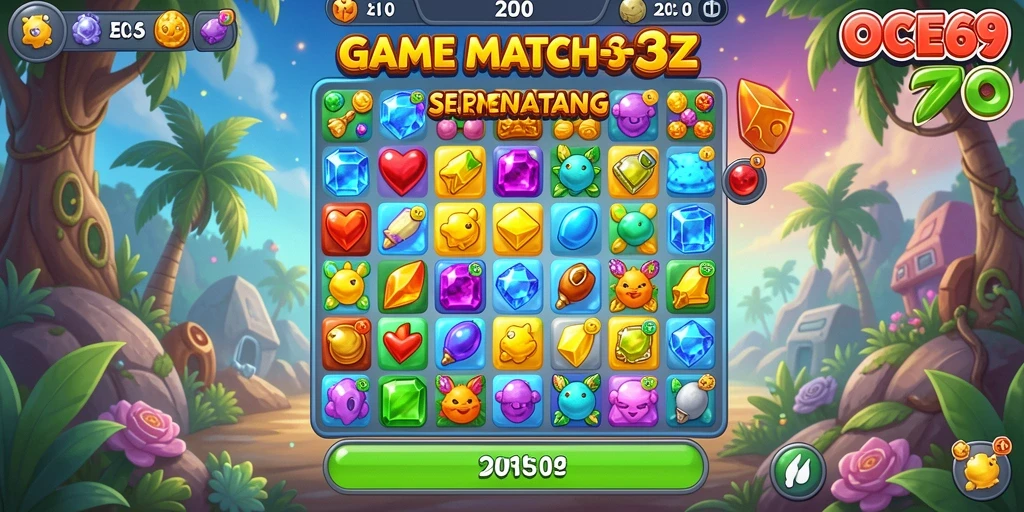 Gameplay menantang OCE69 yang menampilkan level Match-3 penuh warna.