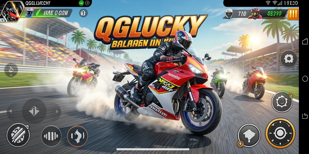 Tampilan gameplay QGLUCKY menampilkan aksi balapan motor yang seru dan mendebarkan.
