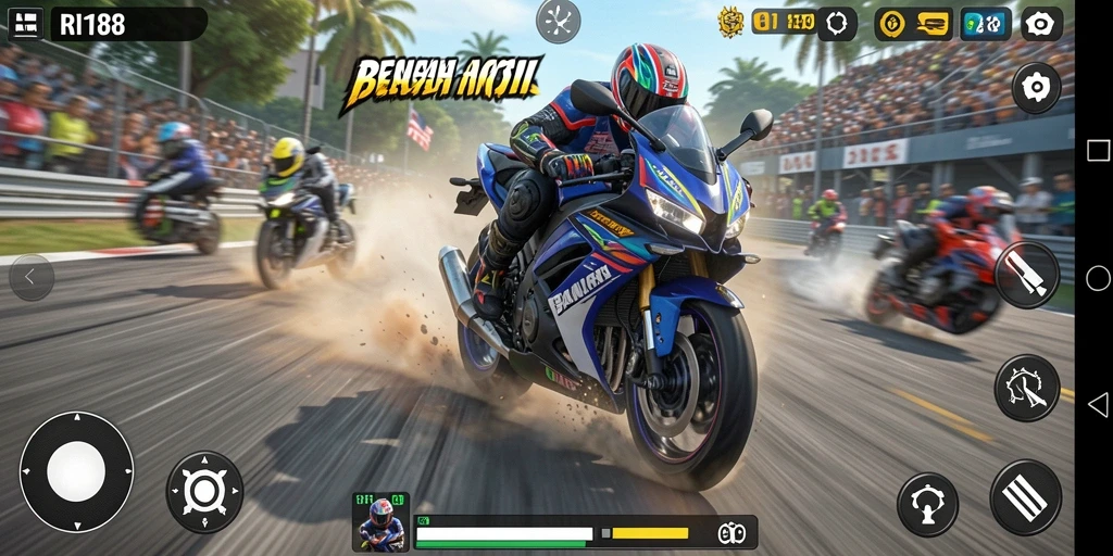Tampilan gameplay balapan motor yang mendebarkan di RI188.
