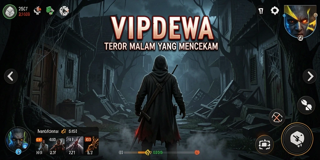 Tangkapan layar permainan <strong>VIPDEWA</strong> menunjukkan suasana gelap yang mencekam dan makhluk menakutkan.