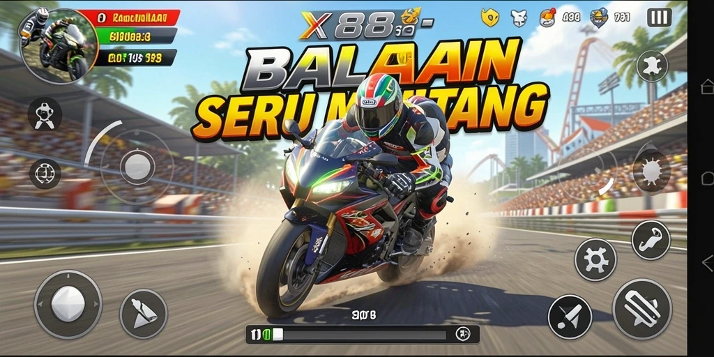 Tampilan gameplay X88 yang mendebarkan saat balapan motor.